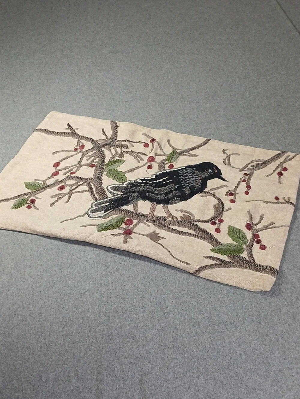 Pottery Barn Hand-Embroidered Black Bird Decorative Pillow Cover - Beige